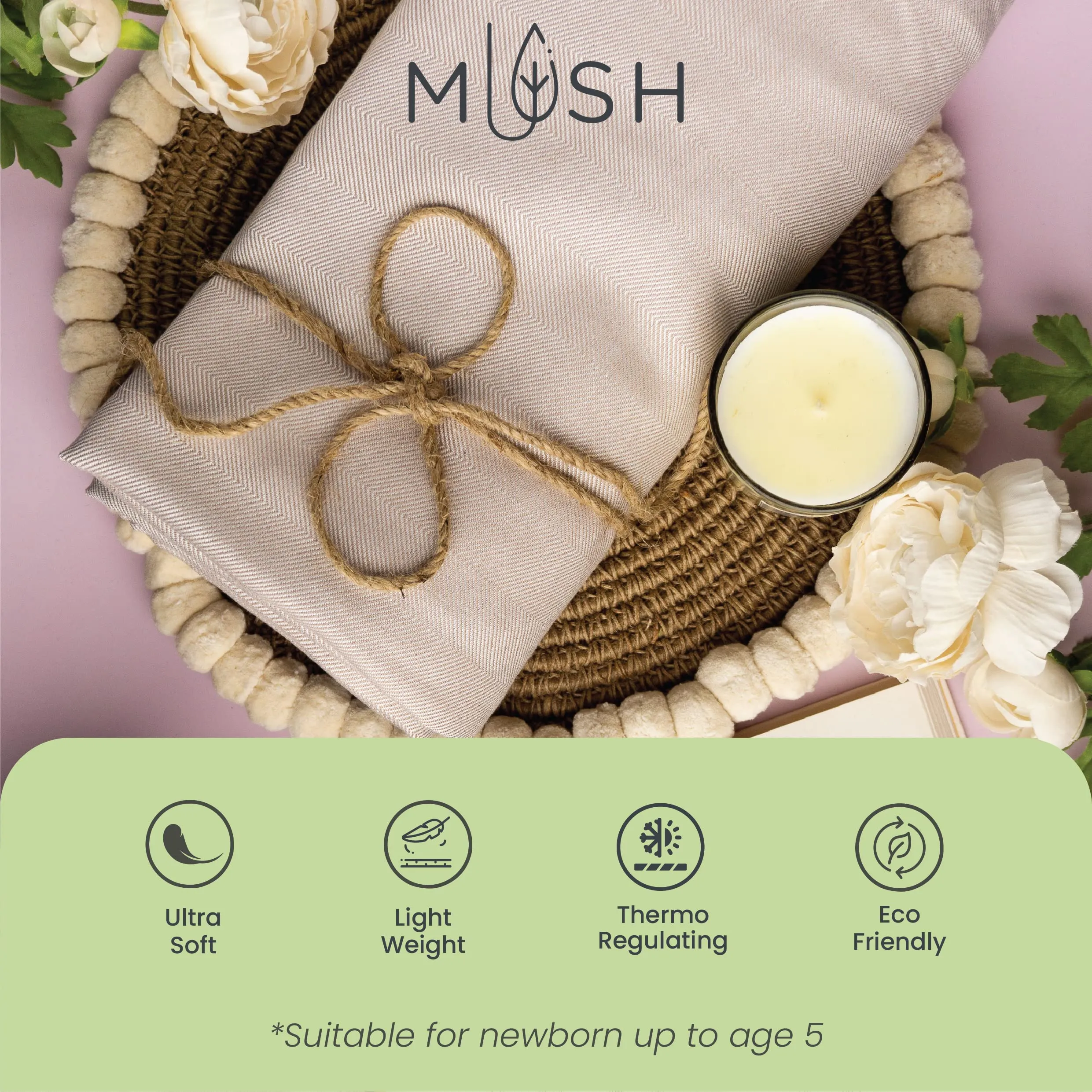 Mush Ultra-Soft, Light Weight & Thermoregulating, All Season 100% Bamboo Blanket & Dohar (Beige, Large - 5 x 7.5 ft)