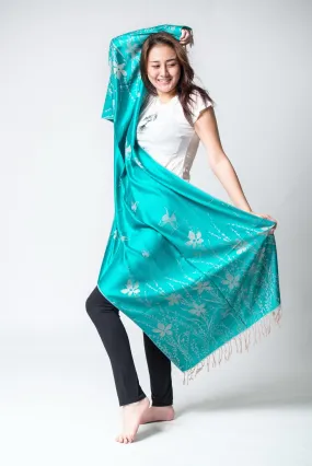 Nepal Floral Butterfly Pashmina Shawl Scarf in Turquoise