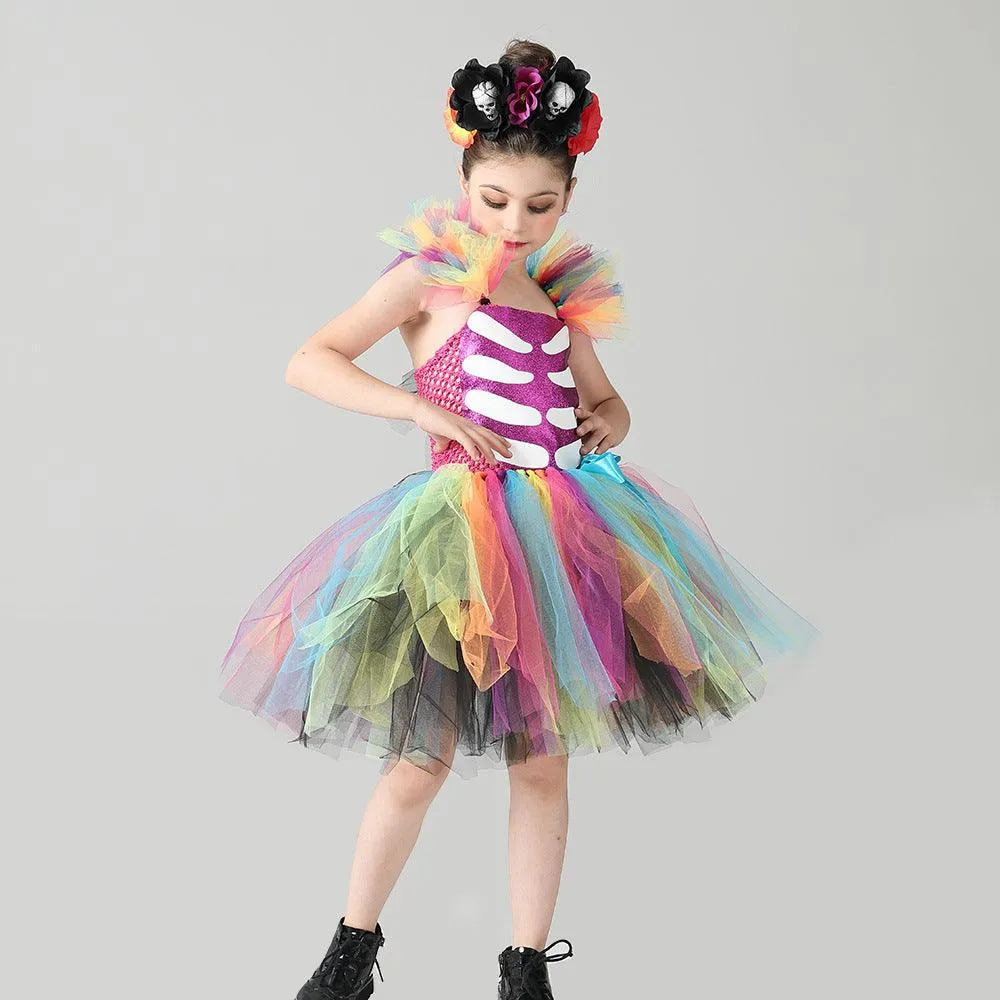 New children's clothing - Little Flying Sleeve Halloween party cosplay cartoon movie mesh rainbow skeleton horror girl dress