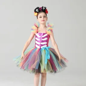 New children's clothing - Little Flying Sleeve Halloween party cosplay cartoon movie mesh rainbow skeleton horror girl dress