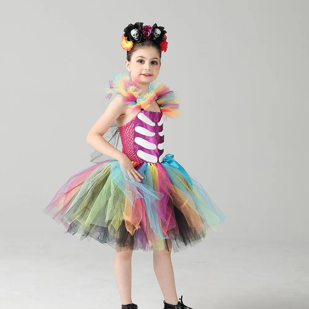 New children's clothing - Little Flying Sleeve Halloween party cosplay cartoon movie mesh rainbow skeleton horror girl dress