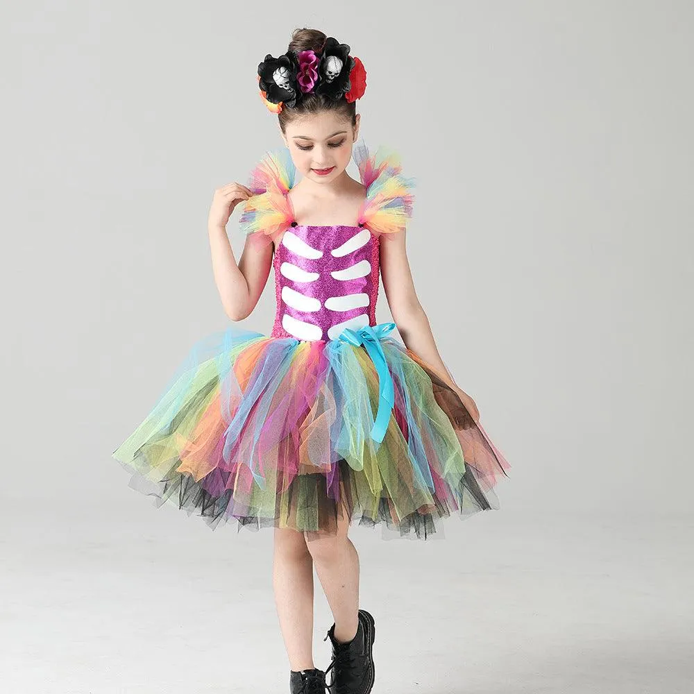 New children's clothing - Little Flying Sleeve Halloween party cosplay cartoon movie mesh rainbow skeleton horror girl dress