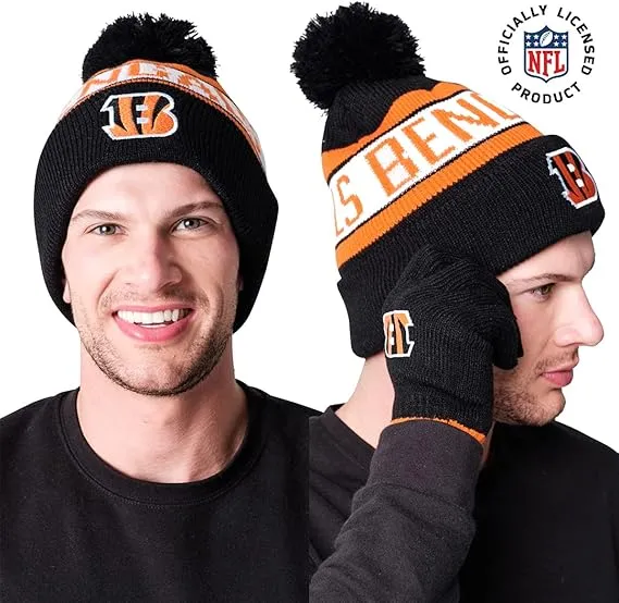 NFL Official Adults Unisex Super Soft Winter Beanie Knit Hat With Extra Warm Touch Screen Gloves|Cincinnati Bengals