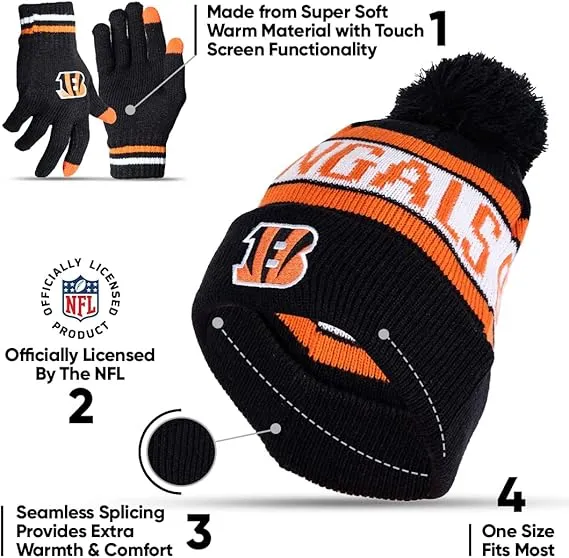 NFL Official Adults Unisex Super Soft Winter Beanie Knit Hat With Extra Warm Touch Screen Gloves|Cincinnati Bengals