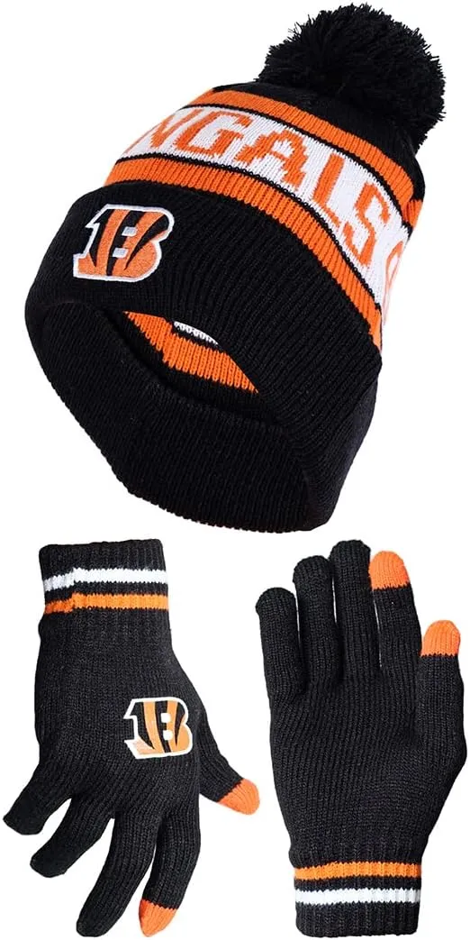 NFL Official Adults Unisex Super Soft Winter Beanie Knit Hat With Extra Warm Touch Screen Gloves|Cincinnati Bengals