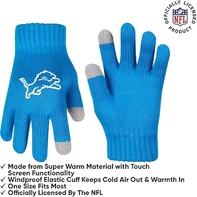 NFL Official Adults Unisex Super Soft Winter Beanie Knit Hat With Extra Warm Touch Screen Gloves|Detroit Lions