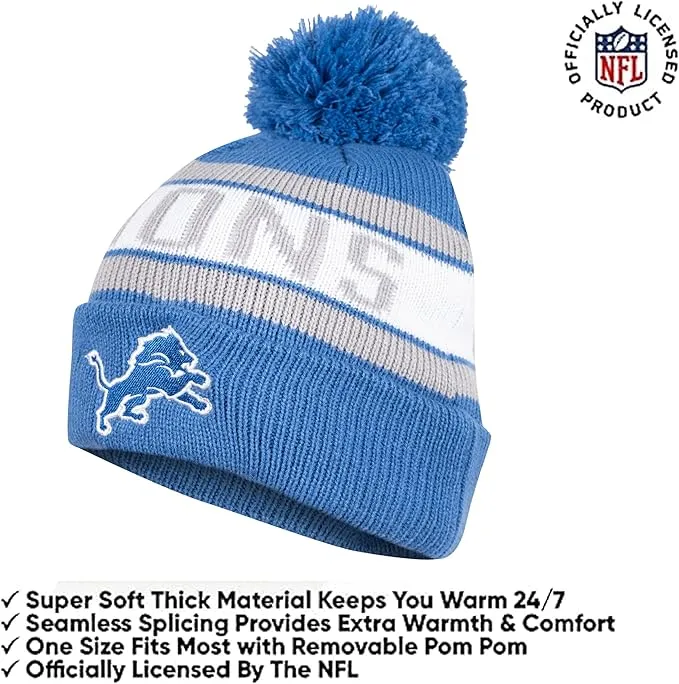 NFL Official Adults Unisex Super Soft Winter Beanie Knit Hat With Extra Warm Touch Screen Gloves|Detroit Lions