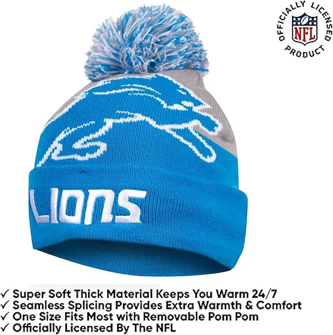 NFL Official Adults Unisex Super Soft Winter Beanie Knit Hat With Extra Warm Touch Screen Gloves|Detroit Lions