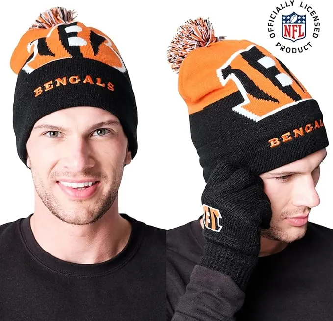 NFL Official Adults Unisex Super Soft Winter Beanie Knit Hat With Extra Warm Touch Screen Gloves|Detroit Lions