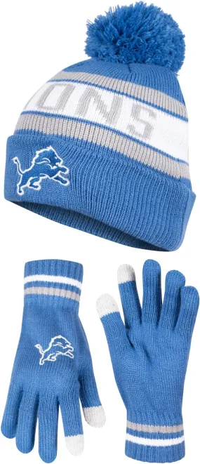 NFL Official Adults Unisex Super Soft Winter Beanie Knit Hat With Extra Warm Touch Screen Gloves|Detroit Lions