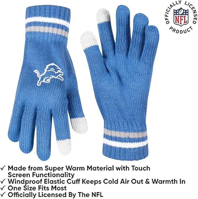 NFL Official Adults Unisex Super Soft Winter Beanie Knit Hat With Extra Warm Touch Screen Gloves|Detroit Lions