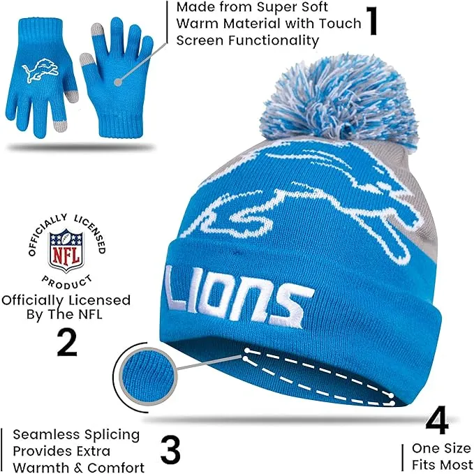 NFL Official Adults Unisex Super Soft Winter Beanie Knit Hat With Extra Warm Touch Screen Gloves|Detroit Lions