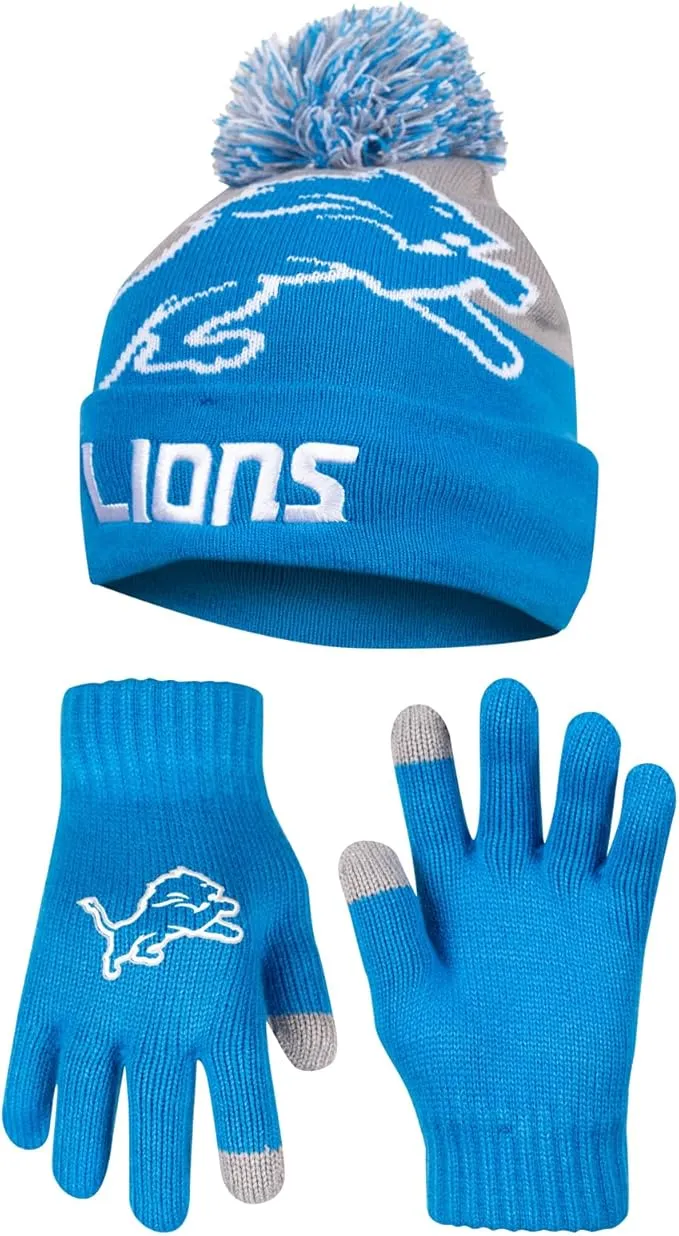 NFL Official Adults Unisex Super Soft Winter Beanie Knit Hat With Extra Warm Touch Screen Gloves|Detroit Lions