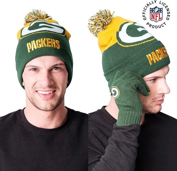 NFL Official Adults Unisex Super Soft Winter Beanie Knit Hat With Extra Warm Touch Screen Gloves|Green Bay Packers