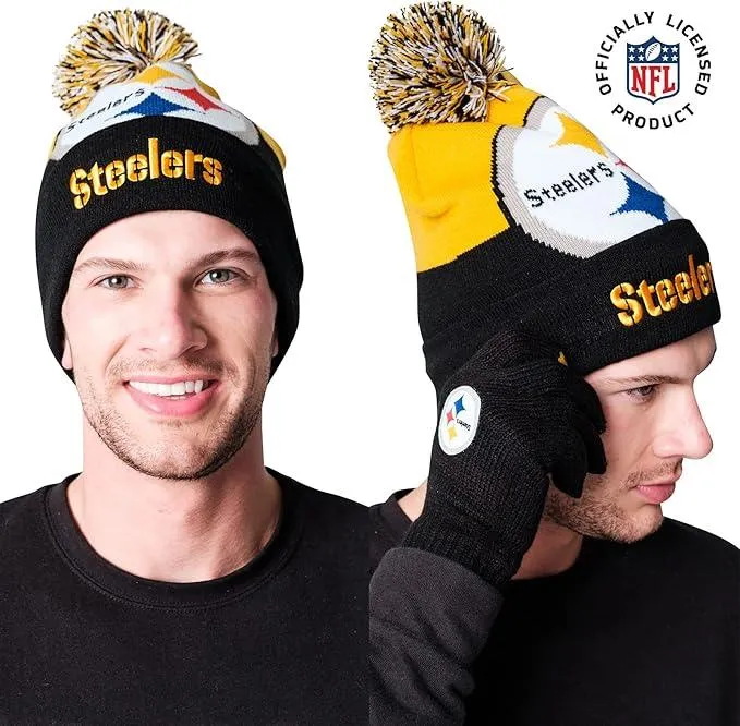 NFL Official Adults Unisex Super Soft Winter Beanie Knit Hat With Extra Warm Touch Screen Gloves|Pittsburgh Steelers