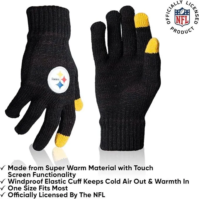 NFL Official Adults Unisex Super Soft Winter Beanie Knit Hat With Extra Warm Touch Screen Gloves|Pittsburgh Steelers