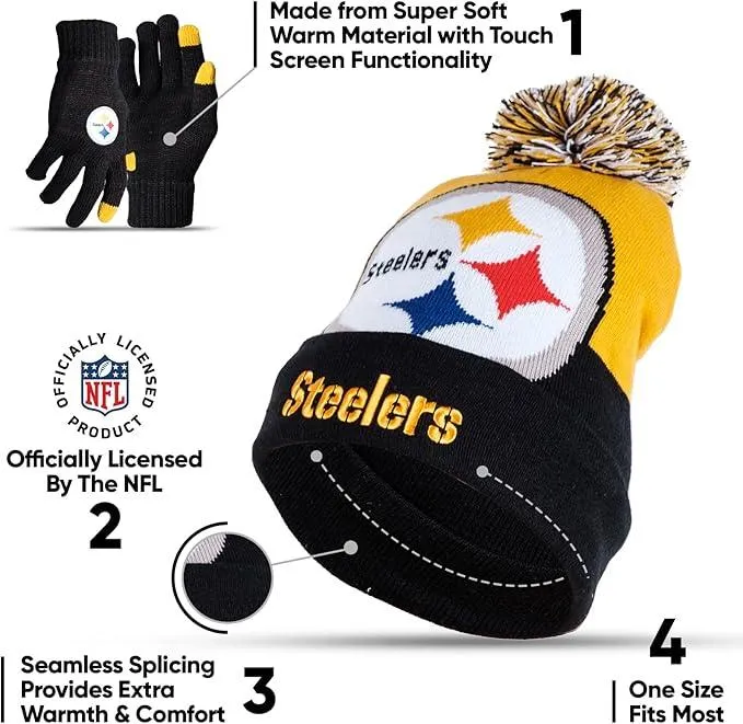 NFL Official Adults Unisex Super Soft Winter Beanie Knit Hat With Extra Warm Touch Screen Gloves|Pittsburgh Steelers