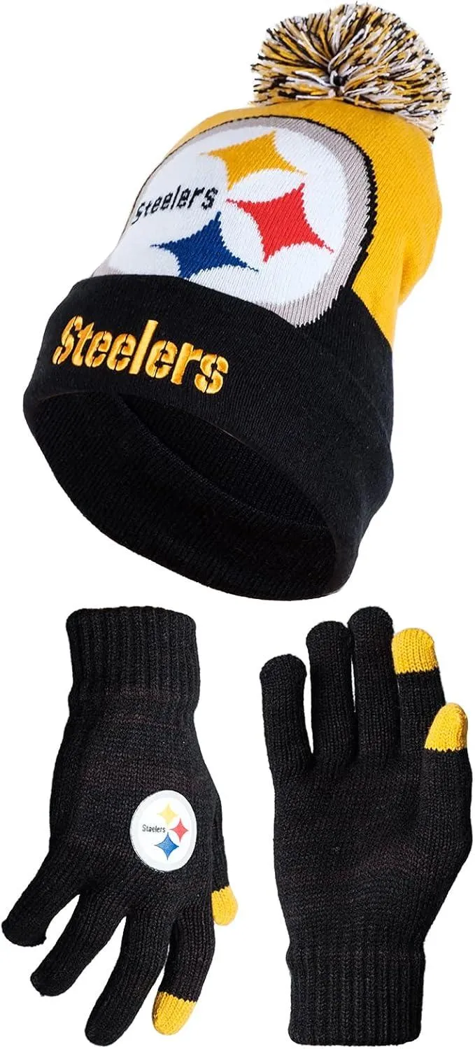 NFL Official Adults Unisex Super Soft Winter Beanie Knit Hat With Extra Warm Touch Screen Gloves|Pittsburgh Steelers