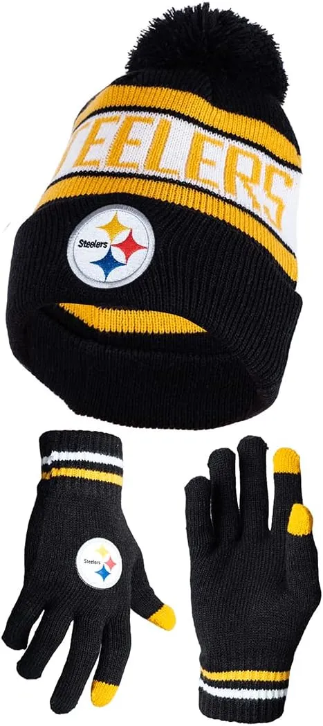 NFL Official Adults Unisex Super Soft Winter Beanie Knit Hat With Extra Warm Touch Screen Gloves|Pittsburgh Steelers