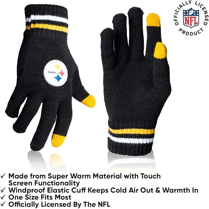 NFL Official Adults Unisex Super Soft Winter Beanie Knit Hat With Extra Warm Touch Screen Gloves|Pittsburgh Steelers