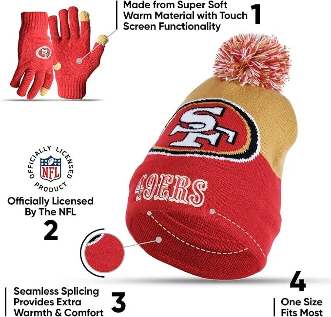 NFL Official Adults Unisex Super Soft Winter Beanie Knit Hat With Extra Warm Touch Screen Gloves|San Francisco 49ers