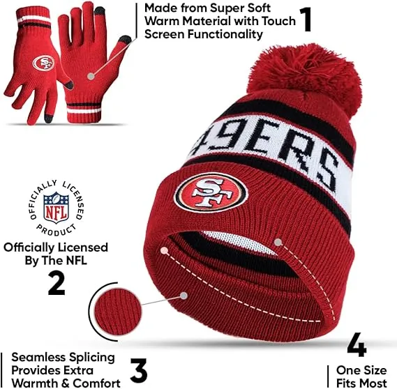 NFL Official Adults Unisex Super Soft Winter Beanie Knit Hat With Extra Warm Touch Screen Gloves|San Francisco 49ers