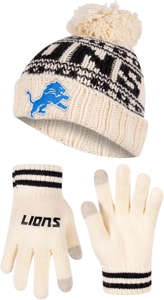 NFL Official Super Soft Cable Knit Winter Beanie Knit Hat with Extra Warm Touch Screen Gloves|Detroit Lions