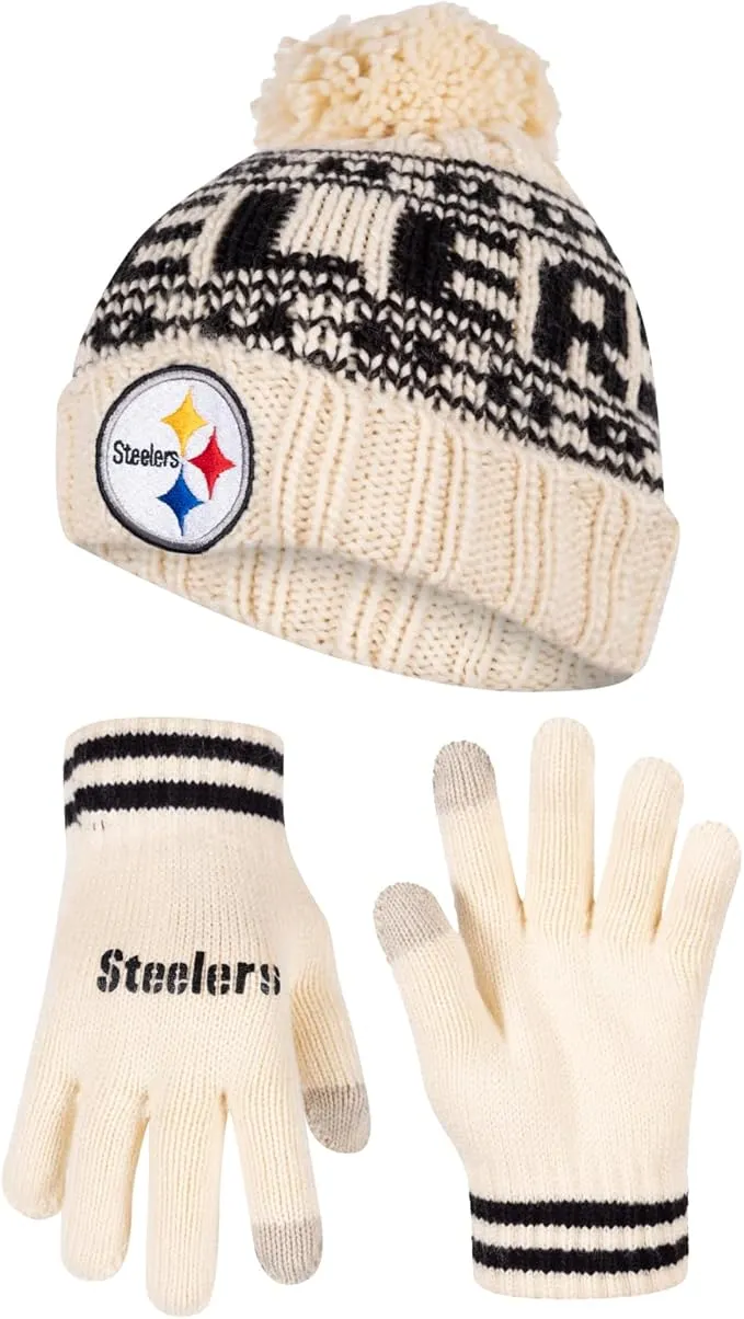 NFL Official Super Soft Cable Knit Winter Beanie Knit Hat with Extra Warm Touch Screen Gloves|Pittsburgh Steelers