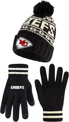 NFL Official Youth Super Soft Cable Knit Winter Beanie Knit Hat with Extra Warm Touch Screen Gloves|Kansas City Chiefs