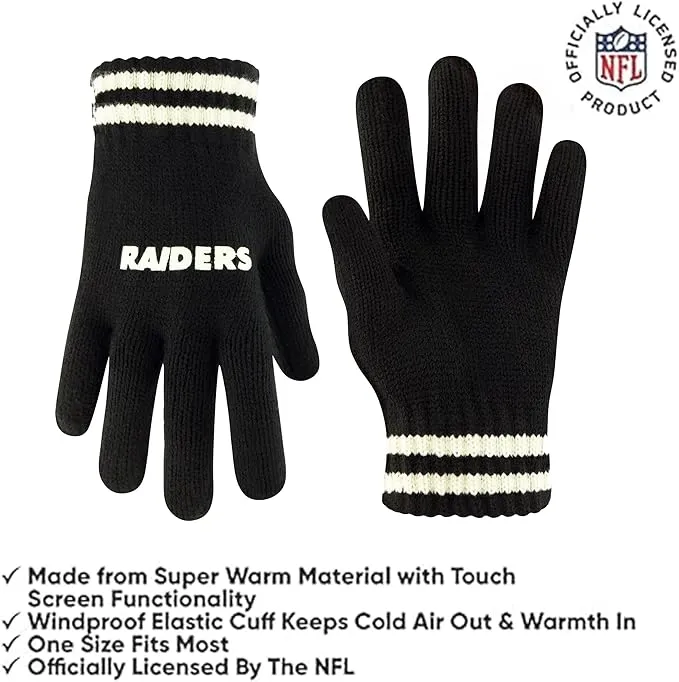 NFL Official Youth Super Soft Cable Knit Winter Beanie Knit Hat with Extra Warm Touch Screen Gloves|Las Vegas Raiders