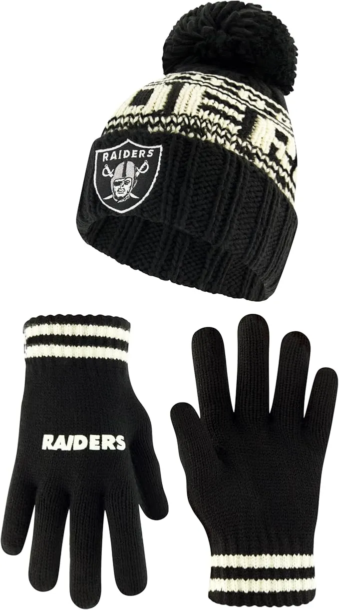 NFL Official Youth Super Soft Cable Knit Winter Beanie Knit Hat with Extra Warm Touch Screen Gloves|Las Vegas Raiders