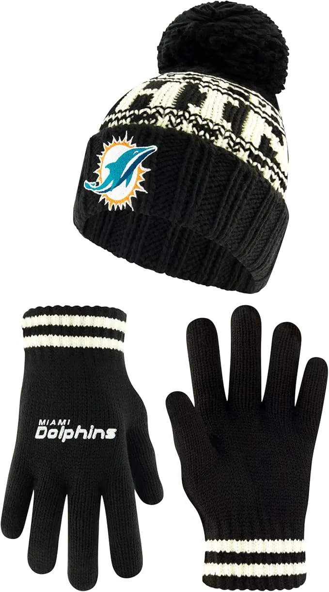 NFL Official Youth Super Soft Cable Knit Winter Beanie Knit Hat with Extra Warm Touch Screen Gloves|Miami Dolphins