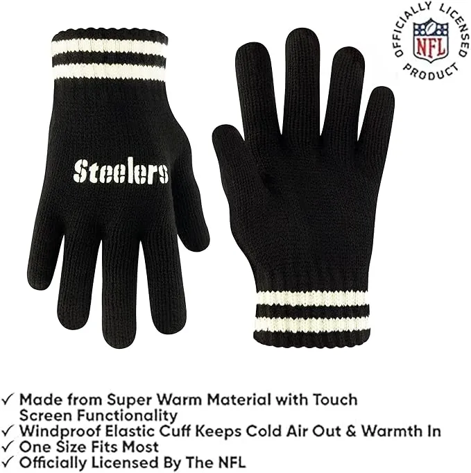 NFL Official Youth Super Soft Cable Knit Winter Beanie Knit Hat with Extra Warm Touch Screen Gloves|Pittsburgh Steelers