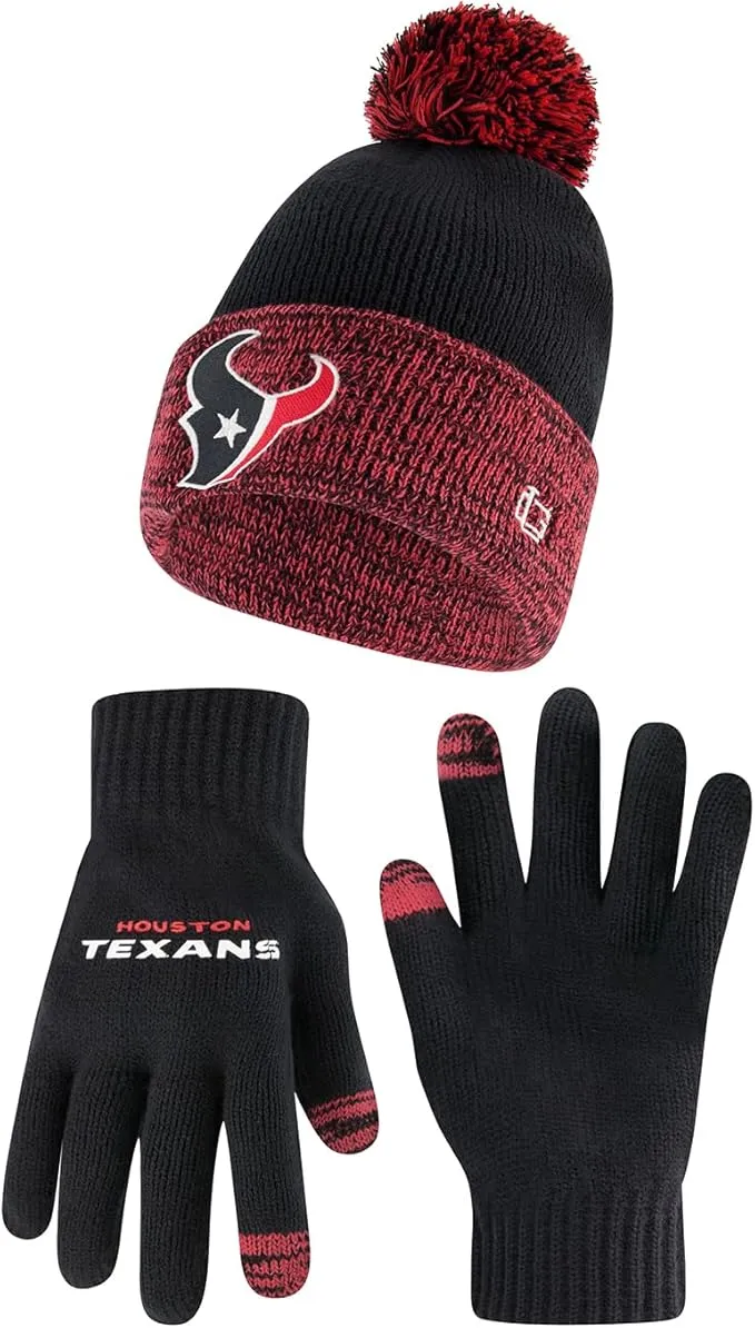 NFL Official Youth Super Soft Two Tone Winter Beanie Knit Hat with Extra Warm Touch Screen Gloves|Houston Texans