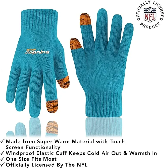 NFL Official Youth Super Soft Two Tone Winter Beanie Knit Hat with Extra Warm Touch Screen Gloves|Miami Dolphins