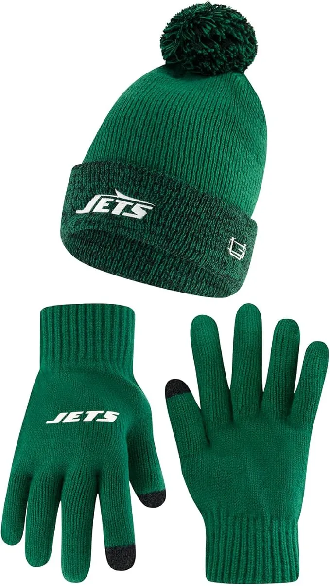 NFL Official Youth Super Soft Two Tone Winter Beanie Knit Hat with Extra Warm Touch Screen Gloves|New York Jets