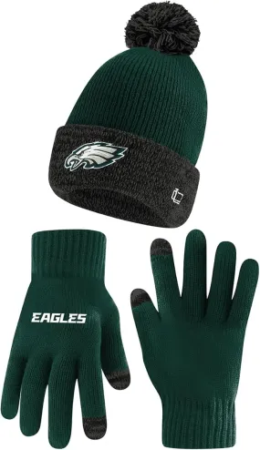 NFL Official Youth Super Soft Two Tone Winter Beanie Knit Hat with Extra Warm Touch Screen Gloves|Philadelphia Eagles