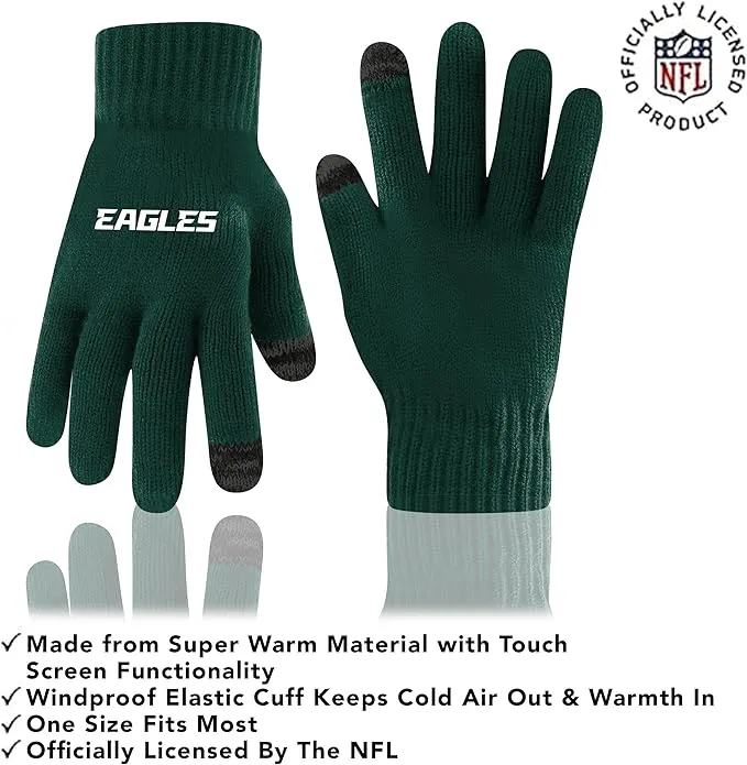 NFL Official Youth Super Soft Two Tone Winter Beanie Knit Hat with Extra Warm Touch Screen Gloves|Philadelphia Eagles