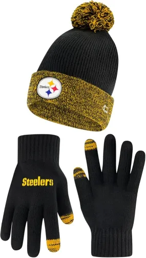 NFL Official Youth Super Soft Two Tone Winter Beanie Knit Hat with Extra Warm Touch Screen Gloves|Pittsburgh Steelers