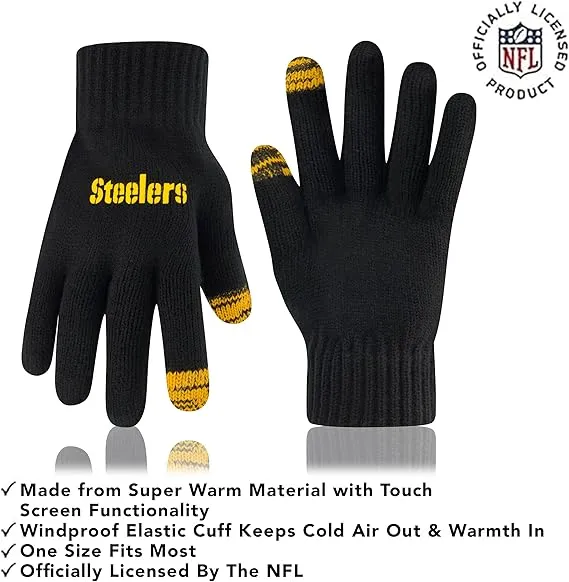 NFL Official Youth Super Soft Two Tone Winter Beanie Knit Hat with Extra Warm Touch Screen Gloves|Pittsburgh Steelers