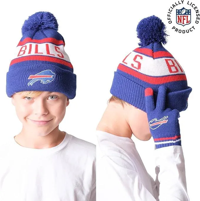 NFL Official Youth Super Soft Winter Beanie Knit Hat With Extra Warm Touch Screen Gloves|Buffalo Bills