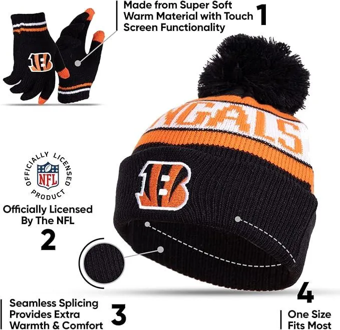 NFL Official Youth Super Soft Winter Beanie Knit Hat With Extra Warm Touch Screen Gloves|Cincinnati Bengals