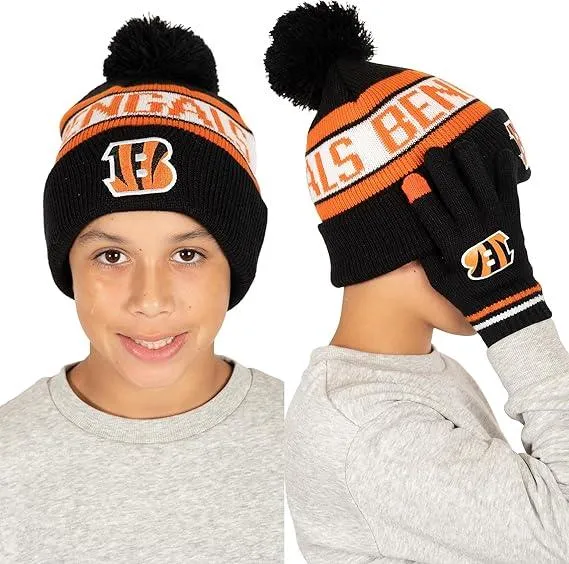 NFL Official Youth Super Soft Winter Beanie Knit Hat With Extra Warm Touch Screen Gloves|Cincinnati Bengals