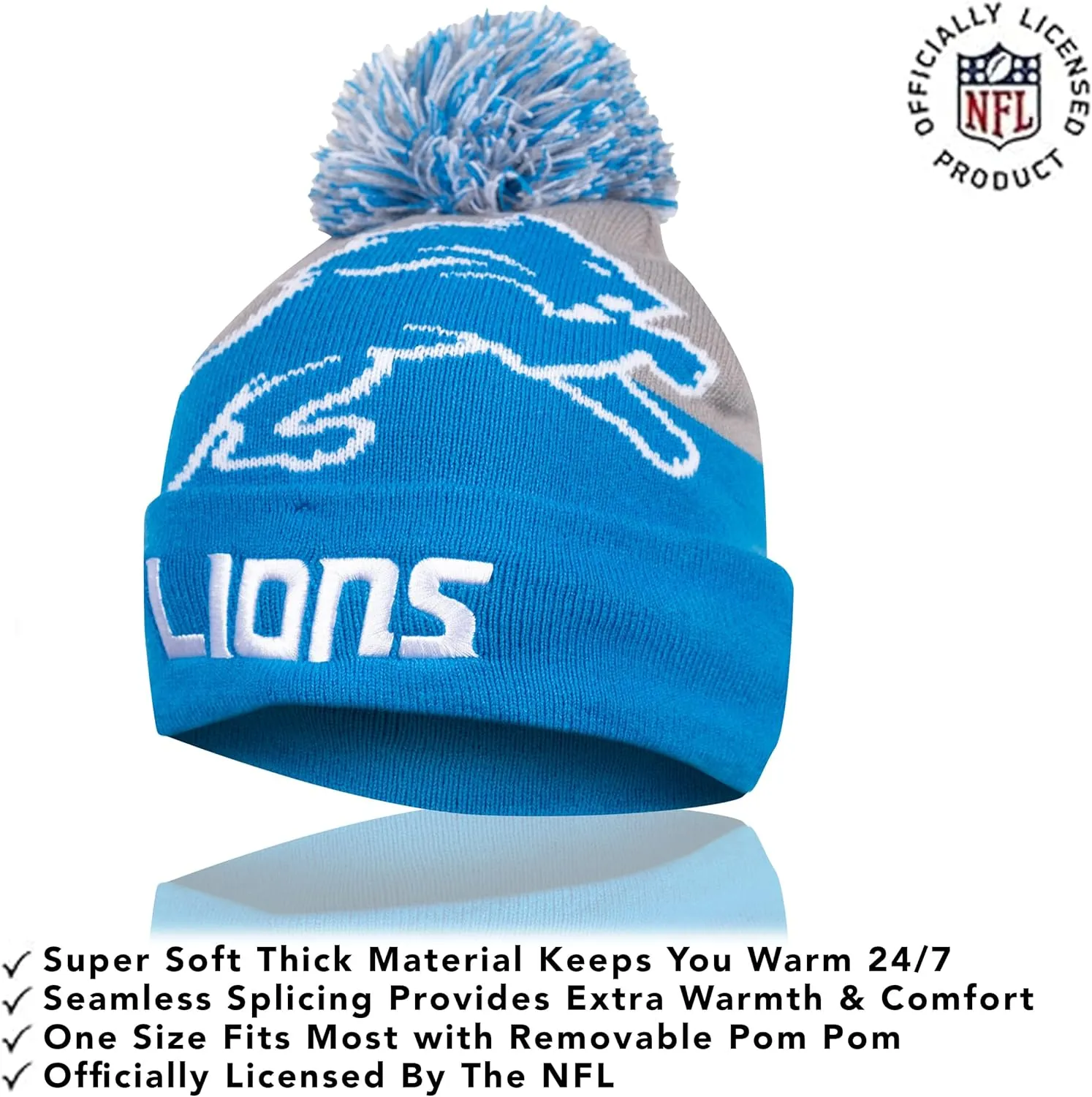 NFL Official Youth Super Soft Winter Beanie Knit Hat With Extra Warm Touch Screen Gloves|Detroit Lions