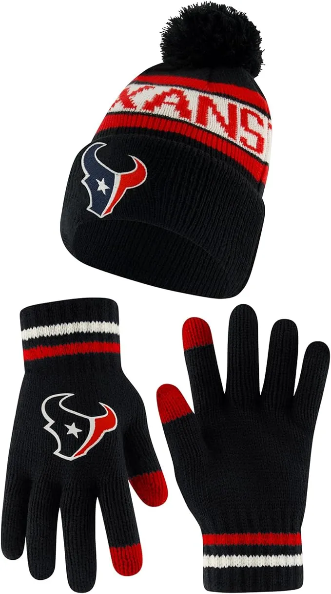 NFL Official Youth Super Soft Winter Beanie Knit Hat With Extra Warm Touch Screen Gloves|Houston Texans