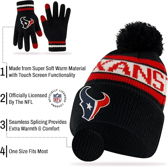 NFL Official Youth Super Soft Winter Beanie Knit Hat With Extra Warm Touch Screen Gloves|Houston Texans