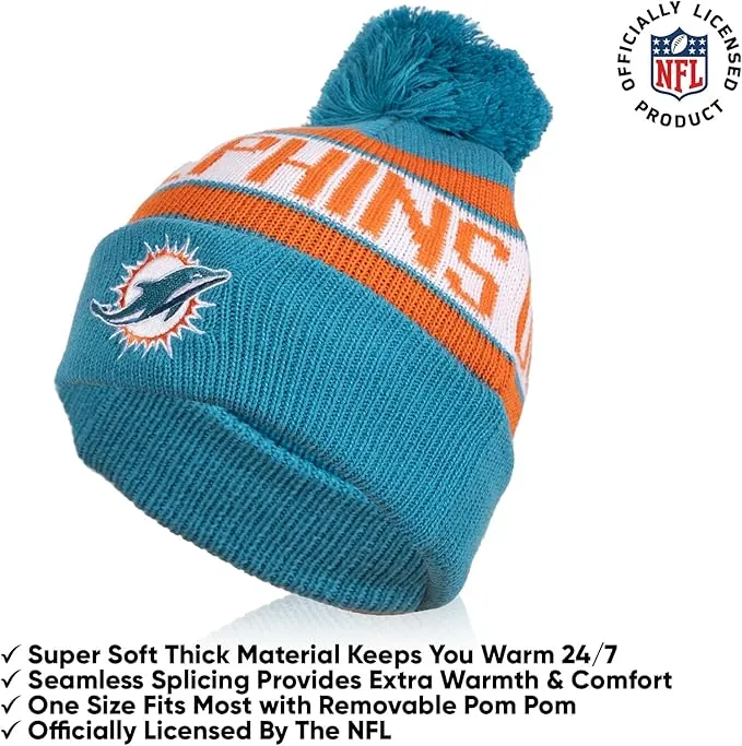 NFL Official Youth Super Soft Winter Beanie Knit Hat With Extra Warm Touch Screen Gloves|Miami Dolphins