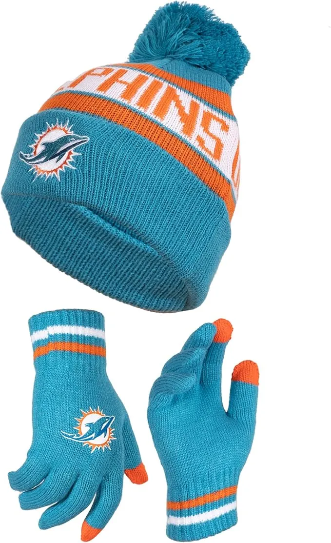 NFL Official Youth Super Soft Winter Beanie Knit Hat With Extra Warm Touch Screen Gloves|Miami Dolphins