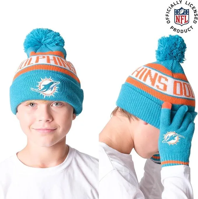 NFL Official Youth Super Soft Winter Beanie Knit Hat With Extra Warm Touch Screen Gloves|Miami Dolphins