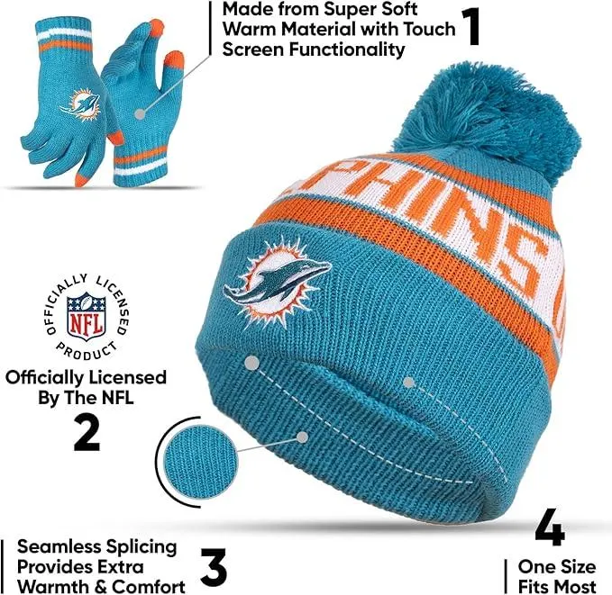 NFL Official Youth Super Soft Winter Beanie Knit Hat With Extra Warm Touch Screen Gloves|Miami Dolphins